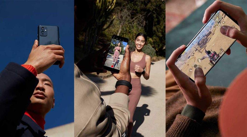 Tres vistas del OnePlus 9 haciendo fotos y vídeos.