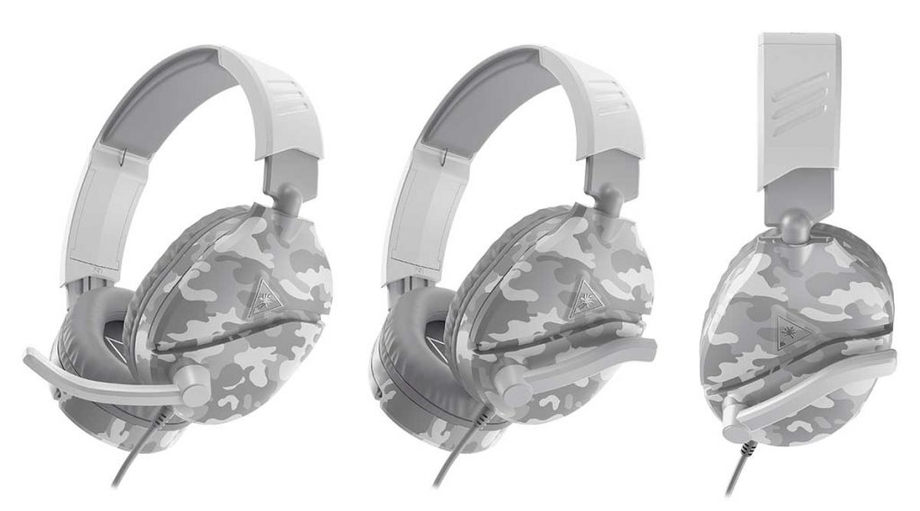 Tres vistas de los auriculares Recon 70 con el nuevo color Arctic Camo.