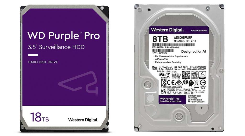 Vista anterior y posterior de un disco duro WD Purple Pro de 18 TB.