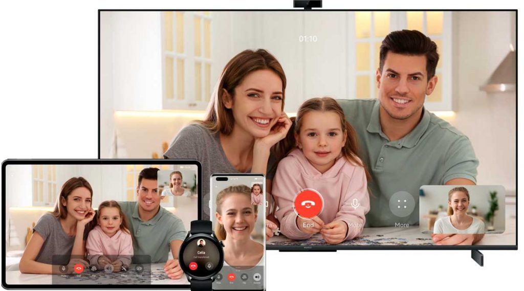 La aplicación MeeTime de Huawei funcionando en un televisor Vision S, teléfono, tableta y reloj inteligente.