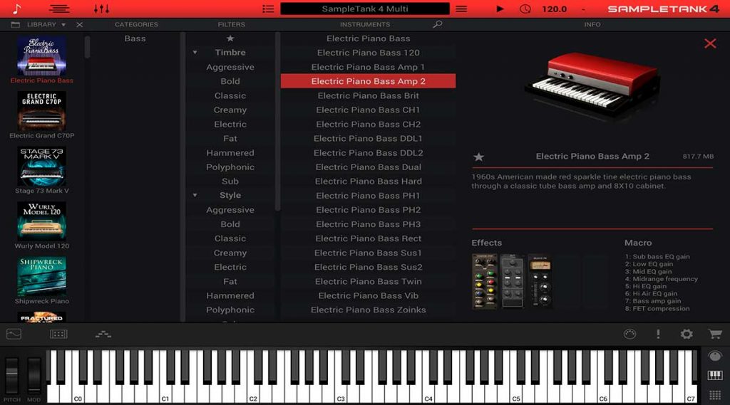 El Electric Piano Bass, de la colección de piano Electromagnetik, está basado en el Rhodes Piano Bass.