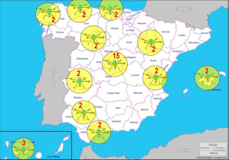 Mapa de España con la distribución de los 39 drones.