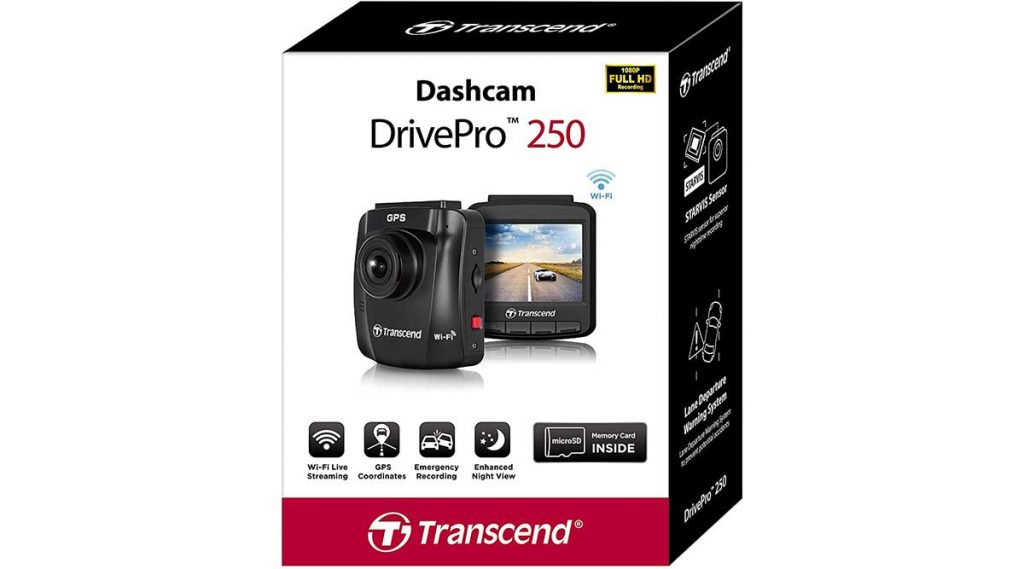 Presentación de la dashcam de Transcend DrivePro 250 en su caja.